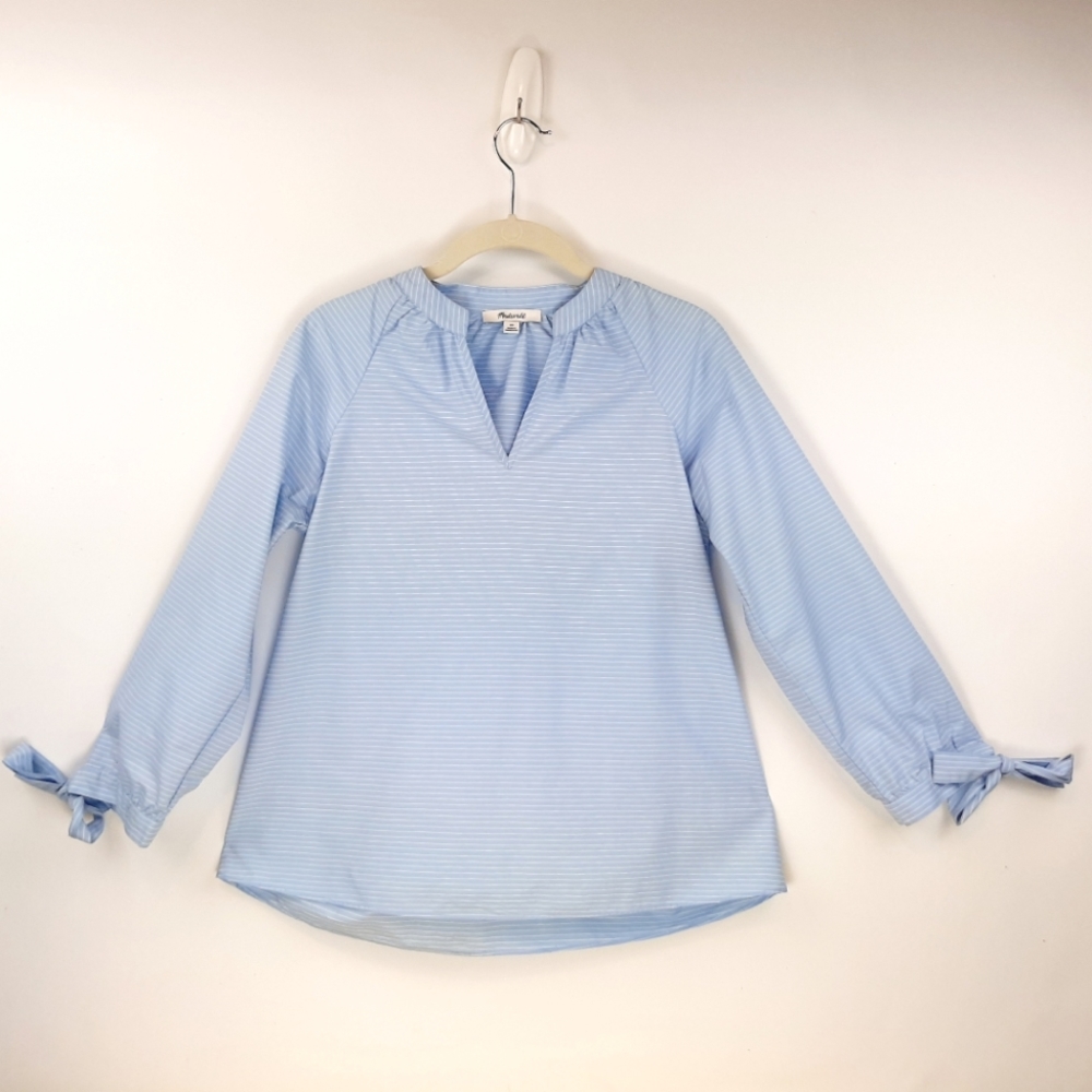 Madewell Women's Blue & White Striped Tie Sleeve Popover Top Blouse Size XS